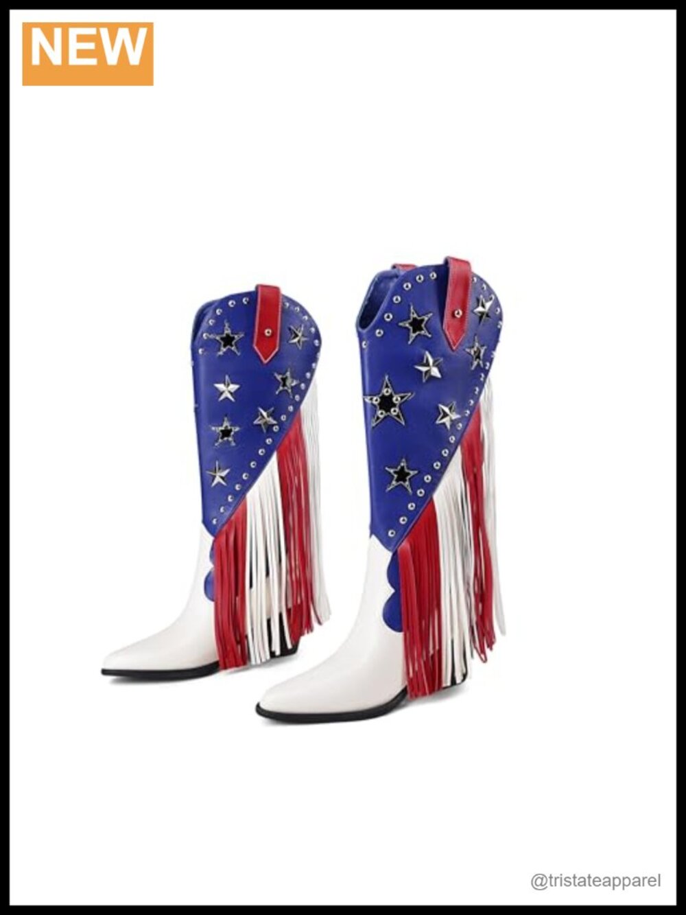 Patriotic Fringe Studded Pointed Toe Mid-Calf Chunky Heel Cowboy Boots